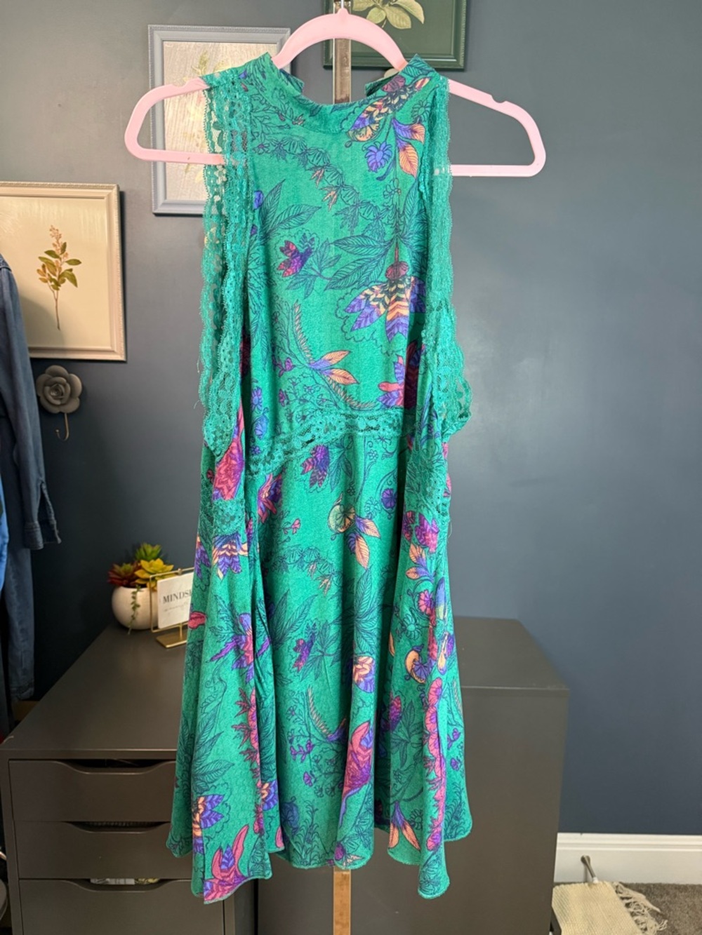 She Moves Chemise Mini Dress Green teal turquoise Floral Lace-Trim